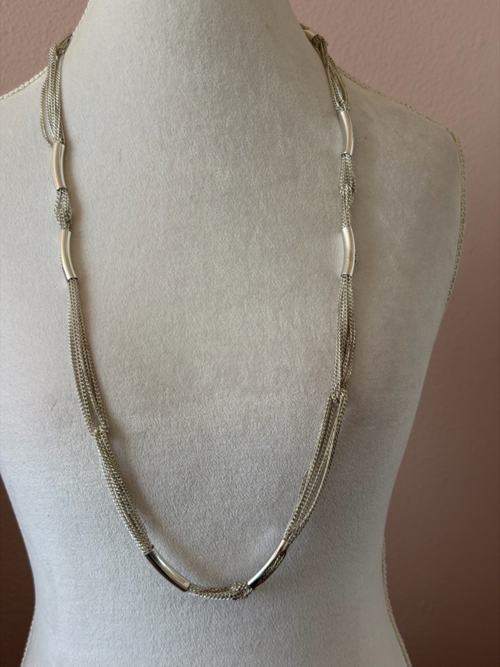 Vintage Silver-Tone Multi-Strand Liquid Chain Necklace – Modernist Draped Bar